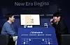 Go grandmaster Lee Se-dol, right, speaks during a demonstration with agentic AI-powered software in March in central Seoul.