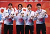 Korean swimming athletes pose for photograph with their bronze medals after winning third at Asian Games Aichi-Nagoya 2026 on Sept. 21.