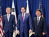 한미일 외교장관 회담 (뉴욕=연합뉴스) 김연숙 특파원 = 조현 외교부 장관과 마코 루비오 미국 국무장관, 모테기 도시미쓰 일본 외무상이 21일(현지시간) 뉴욕에서 회담하기 앞서 기념촬영을 하고 있다. 2026.9.22 nomad@yna.co.kr/2026-09-22 01:27:06/