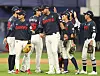 Lotte Giants players celebrate their win over the Samsung Lions in Daegu on Sept. 3.