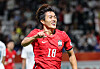 Kim Myeong-jun reacts after scoring a goal at a match against Saudi Arabia at the Asian Games Aichi-Nagoya 2026 in Nagoya on Sept. 22.