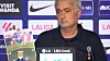 Real Madrid head coach José Mourinho holds up a piece of paper showing the moment Atletico Madrid’s Lee Kang-in made a tackle during a press conference in Madrid on Sept. 20