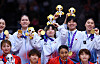Asian Games - Aichi-Nagoya 2026 - Basketball - Women's Victory Ceremony - Aichi International Arena, Nagoya, Japan - September 26, 2026 Gold medallists Team South Korea celebrate on the podium after winning the Women's Basketball REUTERS/Anushree Fadnavis/2026-09-26 22:46:35/