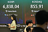A screen in Hana Bank's trading room in central Seoul shows the Kospi closing at 6,838.04 points on Sept. 30, down 32.77 points, or 0.48 percent, from the previous trading session.