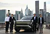 From left, Eric Wood, lead of product experience division at 42dot, Lee Sang-yup, head of design for Hyundai Motor, Hyundai Motor CEO José Muñoz and Jung Jin-hwan, head of vehicle development 2 at the R&D Division pose with the newest Tucson at a world-premiere event in Long Island City, New York, on Oct. 1.