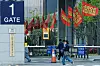 Flags of the labor union at Samsung Biologics are seen at the corporate headquarters in Songdo, Incheon, on June 28.