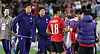 Kim Min-jae, third from left, congratulates his teammates after Korean footballers won against Uzbekistan in a friendly match in Yongin, Gyeonggi, on Oct. 6.