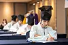 Contestants engage in the writing contest at the King Sejong Institute Foundation’s annual training program pose for a photo at the event on Oct. 7.