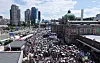 People crowd outdoor plaza in front of Seoul Station in central Seoul on Aug. 15, 2025.