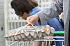 A person puts a tray of eggs into a cart at a supermarket in Seoul on Aug. 30.