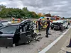 The scene of a five-vehicle pileup that left two people dead and 11 others injured near Jangsu Junction on the southbound Tongyeong-Daejeon Expressway in Jangsu County, North Jeolla, on Oct. 12.