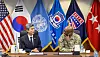Korean Defense Minister Kang Shin-chul, left, speaks with United States Forces Korea Commander Gen. Xavier Brunson in Pyeongtaek, Gyeonggi, on Oct. 2.