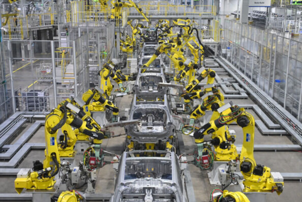 Industrial robots weld car bodies at Hyundai Motor's plant in Talegaon, Pune, in the western Maharashtra.