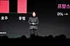 Presenter on stage beside a screen displaying red bars, regional labels and an 8% figure.