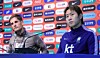 (서울=뉴스1) 김진환 기자 = 로베르토 모레노 대한민국 축구대표팀 감독과 이강인이 우루과이와의 평가전을 하루 앞둔 27일 서울 마포구 서울월드컵경기장에서 훈련 전 공식 기자회견에 참석해 취재진 질문을 듣고 있다. 2026.9.27/뉴스1